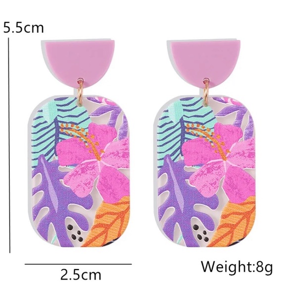 🌟 Acrylic Flower Hibiscus Tropical Transparent Square Earrings Palm Leaf - Picture 3 of 4